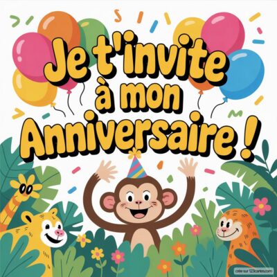 Invitation d'anniversaire pour enfants sur le thème de la jungle, avec un singe joyeux et des animaux au milieu de feuillage et de ballons.