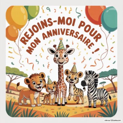 Invitation d'anniversaire vert et coloré avec des animaux de la jungle : lion, girafe, zèbre et tigre, entourés de ballons.