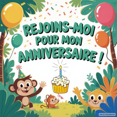 Invitation d'anniversaire virtuelle avec des animaux de la jungle, ballons colorés et un gâteau au centre.