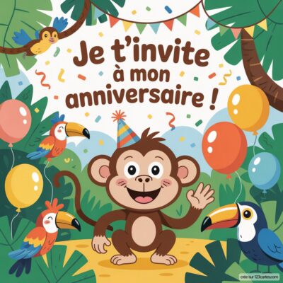 Invitation d'anniversaire virtuelle avec un singe souriant, des ballons colorés et des perroquets dans une jungle festive.