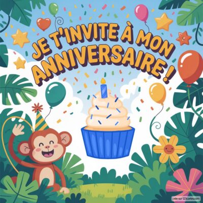 Invitation d'anniversaire virtuelle pour enfants avec un singe joyeux, un gâteau, des ballons et des motifs de jungle colorés.