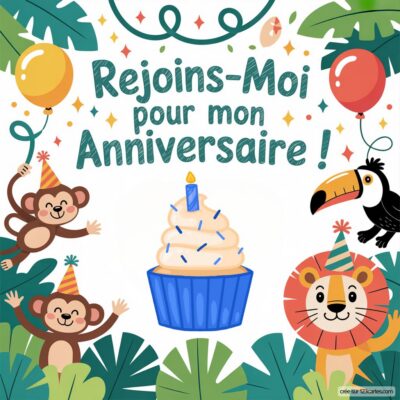 Invitation anniversaire virtuelle sur le thème de la Jungle, avec des animaux festifs, un gâteau et des ballons colorés.