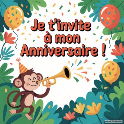 Invitation d'anniversaire sur le thème de la jungle avec un singe jouant de la trompette, entouré de feuilles et de ballons colorés.