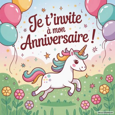 Invitation d'anniversaire virtuelle pour enfants avec une licorne colorée, des ballons et des fleurs. Ambiance festive et joyeuse.