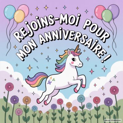 Invitation d'anniversaire virtuelle pour enfants sur le thème Licorne, avec une licorne sautant parmi des fleurs et des ballons colorés.