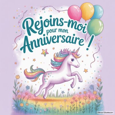 Invitation d'anniversaire virtuelle pour enfants sur le thème Licorne, avec une licorne colorée et des ballons festifs.