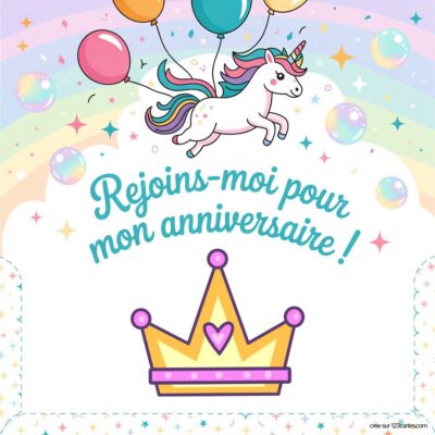 Invitation d'anniversaire virtuelle pour enfants avec un fond arc-en-ciel, une licorne flottante et des ballons colorés.