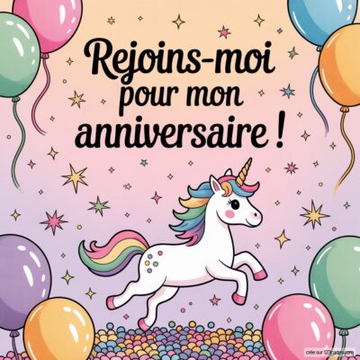 Invitation d'anniversaire virtuelle sur le thème Licorne, avec un cheval magique, des ballons colorés et des confettis.