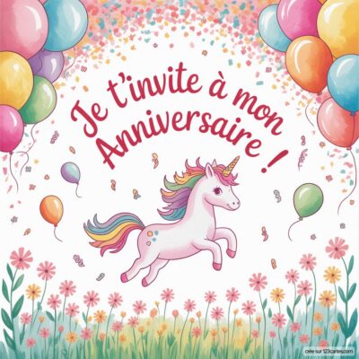Invitation d'anniversaire virtuelle pour enfants, avec une licorne colorée et des ballons sur un fond festif.