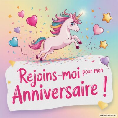 Image colorée d'une licorne sautant joyeusement parmi des ballons, avec le texte « Rejoins-moi pour mon Anniversaire ! » en rose.