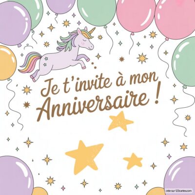 Invitation d'anniversaire virtuelle pour enfants, thème Licorne, avec un cheval licorne et des ballons colorés en arrière-plan.