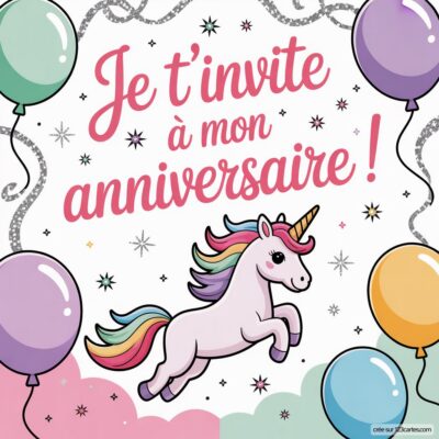 Invitation d'anniversaire virtuelle avec une licorne colorée, des ballons et un texte festif en rose sur fond étoilé.