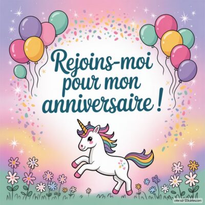 Invitation d'anniversaire virtuelle pour enfants, avec un fond pastel, des ballons colorés et une licorne joyeuse au milieu de fleurs.