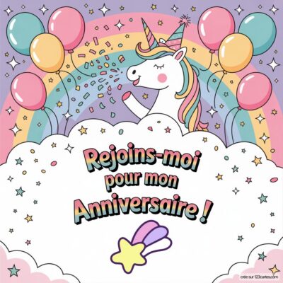 Image colorée d'une licorne dans les nuages avec des ballons et des étoiles. Texte : Rejoins-moi pour mon Anniversaire !