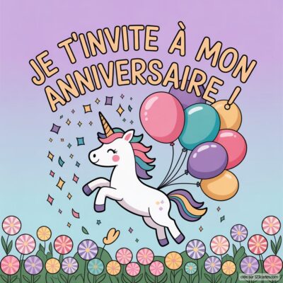 Invitation d'anniversaire virtuelle pour enfants sur le thème licorne, avec une licorne porteuse de ballons colorés sur fond pastel.