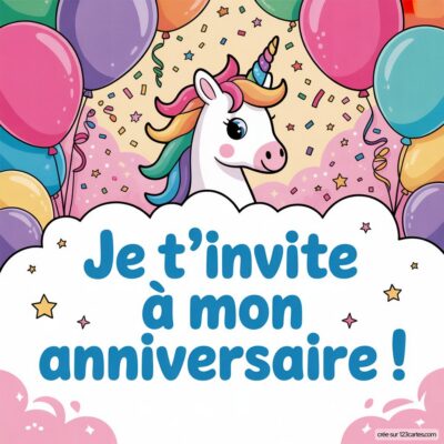 Invitation d'anniversaire virtuelle pour enfants avec une licorne colorée et des ballons. Texte joyeux au centre : Je t'invite à mon anniversaire !