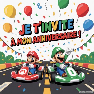 Invitation d'anniversaire virtuelle sur fond coloré, avec Mario et Luigi en karts,ballons et confettis autour d'eux.