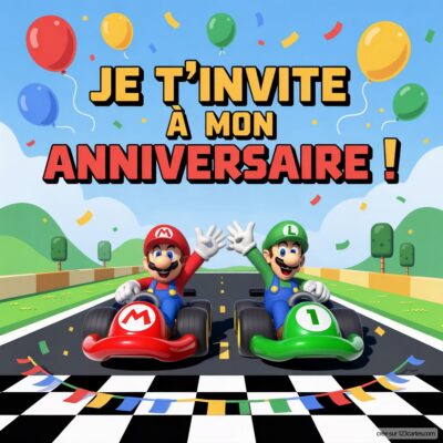 Invitation d'anniversaire virtuelle pour enfants sur le thème Mario, avec Mario et Luigi en kart, ballons et confettis colorés.