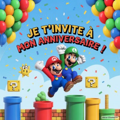 Invitation anniversaire virtuelle pour enfants sur le thème Mario, avec Mario et Luigi sautant entourés de ballons et de confettis.