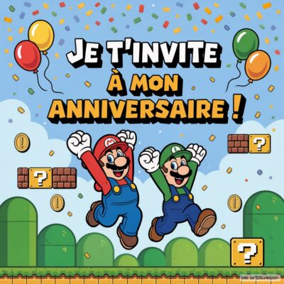 Invitation d'anniversaire virtuelle pour enfants sur le thème Mario, avec Mario et Luigi célébrant avec des ballons et des confettis.