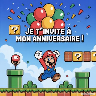 Invitation d'anniversaire virtuelle sur le thème Mario avec Mario sautant joyeusement sous des ballons colorés et des blocs.
