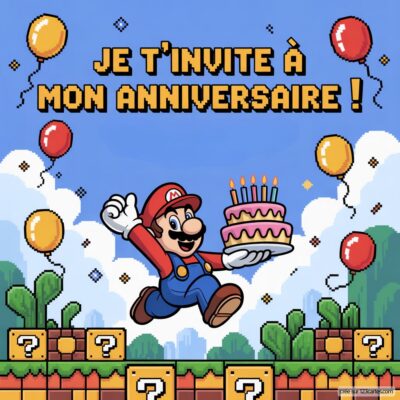 Invitation d'anniversaire virtuelle sur le thème Mario avec Mario sautant joyeusement sous des ballons colorés et des blocs.