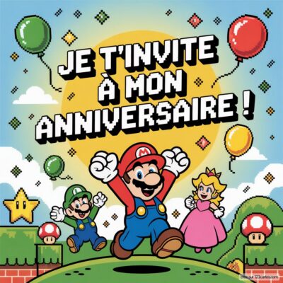 Invitation d'anniversaire virtuelle pour enfants sur le thème Mario, avec Mario, Luigi et Peach sur un fond coloré.