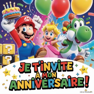Invitation d'anniversaire virtuelle pour enfants sur le thème Mario, avec Mario, Peach et Yoshi entourés de ballons et de confettis.