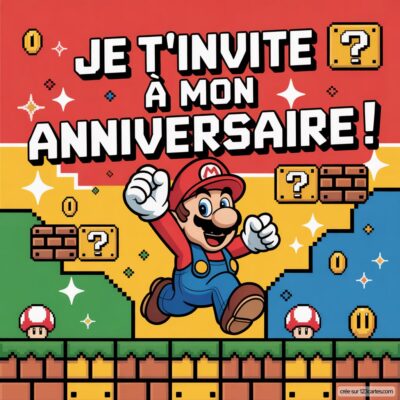 Invitation d'anniversaire virtuelle pour enfants avec Mario, affichant le texte « Je t'invite à mon anniversaire ! » sur fond coloré.