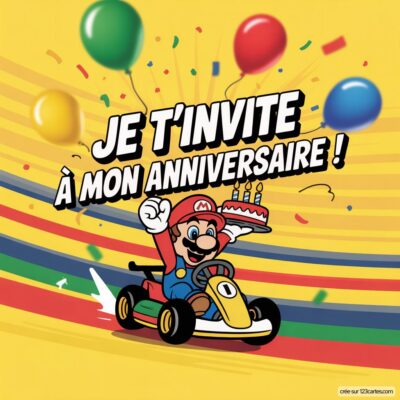 Invitation d'anniversaire virtuelle pour enfants avec Mario en kart, gâteau et ballons colorés sur fond jaune.