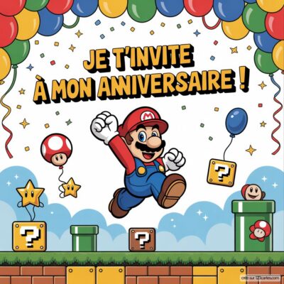 Invitation d'anniversaire virtuelle sur le thème Mario, avec des ballons, Mario sautant et des éléments emblématiques du jeu vidéo.