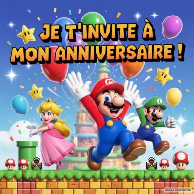 Invitation anniversaire virtuelle sur le thème Mario, avec Mario, Peach et Luigi célébrant entourés de ballons et d'étoiles.