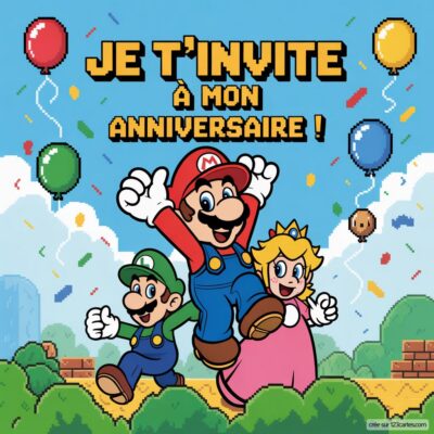 Invitation d'anniversaire sur le thème Mario, avec Mario, Luigi et la princesse Peach, des ballons colorés en arrière-plan.