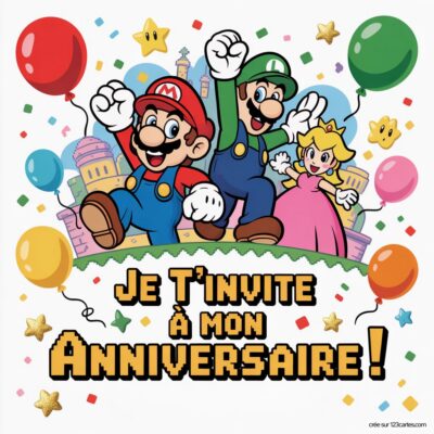 Illustration colorée avec Mario, Luigi et Peach, entourés de ballons et de confettis, invitant à un anniversaire virtuel.
