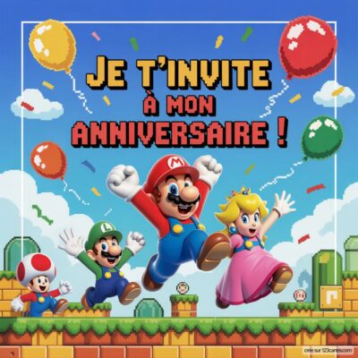 Invitation virtuelle d'anniversaire pour enfants sur le thème Mario, avec Mario, Luigi, Toad et Peach sautant joyeusement.