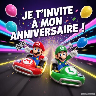 Invitation anniversaire virtuelle pour enfants sur le thème Mario, avec Mario et Luigi en karts, des ballons et des confettis.