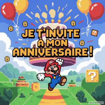 Invitation anniversaire virtuelle sur le thème Mario, avec un personnage sautant joyeusement devant un gâteau et des ballons.