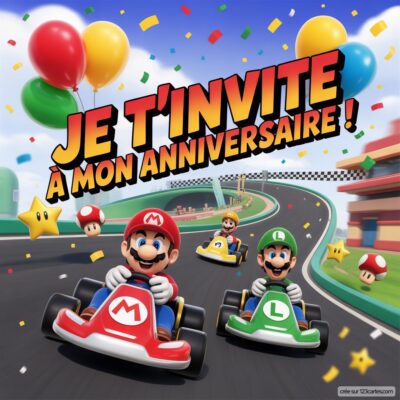 Image d'une invitation d'anniversaire virtuelle avec Mario et Luigi en karts sur une piste, décorée de ballons et d'étoiles.