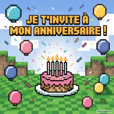Invitation d'anniversaire virtuelle pour enfants sur le thème Minecraft, avec un gâteau rose et des ballons colorés.