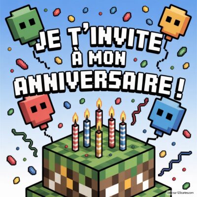 Invitation anniversaire virtuelle sur fond Minecraft avec un gâteau, bougies, confettis et personnages colorés.
