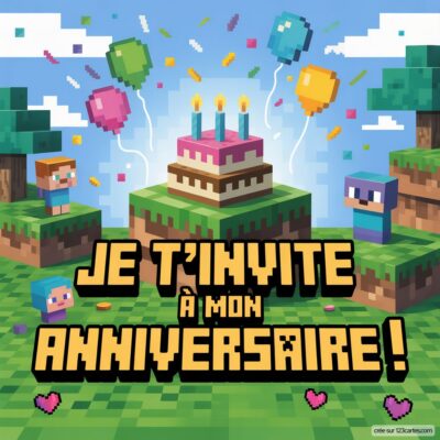 Invitation d'anniversaire virtuelle sur le thème Minecraft, avec un gâteau et des personnages entourés de ballons colorés.