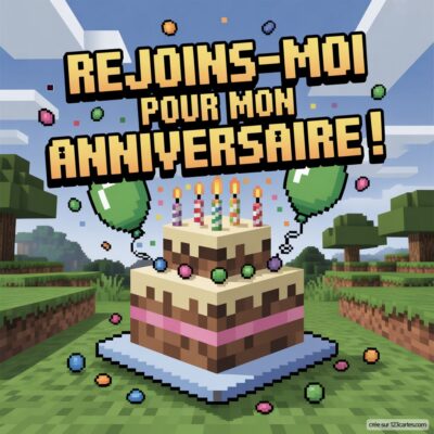 Invitation anniversaire virtuelle pour enfants sur le thème Minecraft, avec un gâteau, des ballons et des bougies.