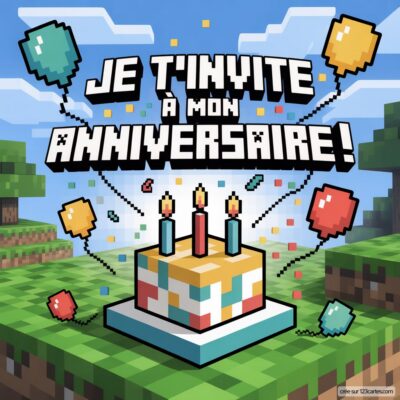 Invitation d'anniversaire virtuelle pour enfants sur le thème Minecraft, avec un gâteau et des ballons colorés.