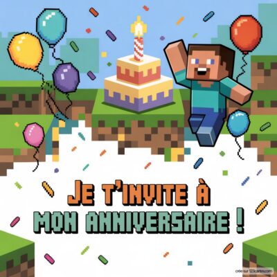 Invitation d'anniversaire virtuelle sur le thème Minecraft avec un personnage, un gâteau et des ballons colorés.