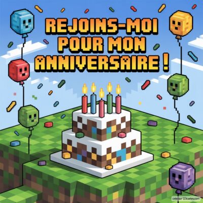 Invitation colorée pour un anniversaire Minecraft, avec un gâteau décoré et des ballons flottants. Texte « Rejoins-moi pour mon anniversaire ! »