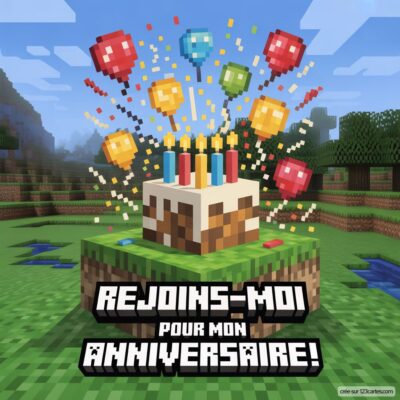 Invitation anniversaire virtuelle sur le thème Minecraft, avec un gâteau décoré de bougies et des ballons colorés flottants.
