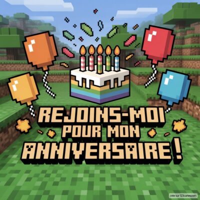 Invitation anniversaire virtuelle sur le thème Minecraft avec un gâteau, des bougies et des ballons colorés.