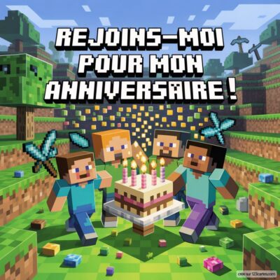 Invitation virtuelle d'anniversaire sur le thème Minecraft, avec des personnages célébrant autour d'un gâteau.