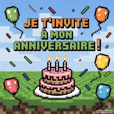 Invitation d'anniversaire virtuelle sur le thème Minecraft, avec un gâteau festif et des ballons colorés en arrière-plan.