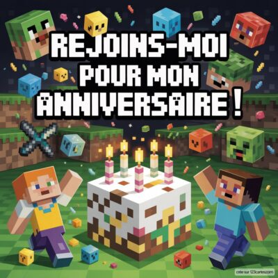 Invitations d'anniversaire virtuelle Minecraft : un gâteau avec des bougies, des personnages de jeu et des créatures colorées.